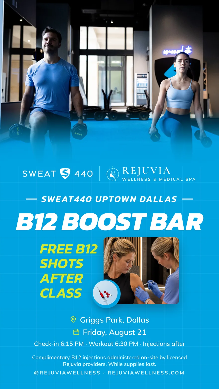 SWEAT440 x Rejuvia B12 Boost Bar — free community workout, Friday August 21, Griggs Park, Dallas