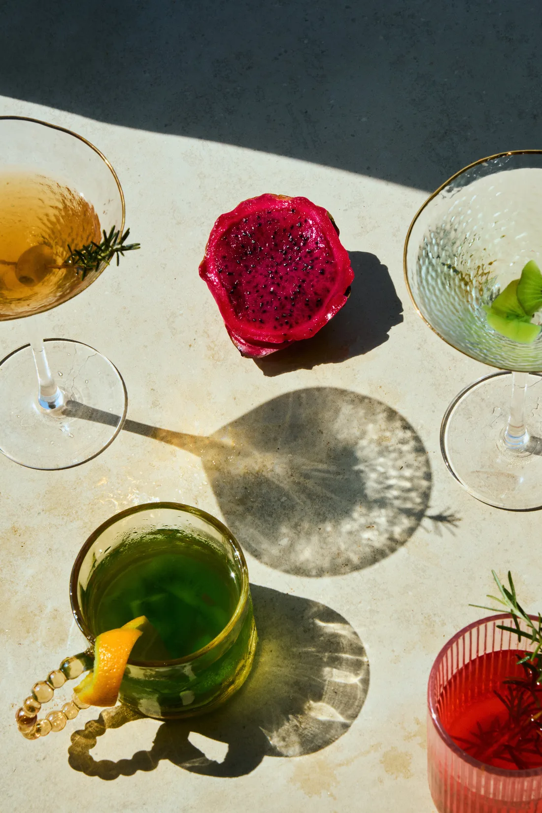 A colorful spread of drips and drinks in the sun