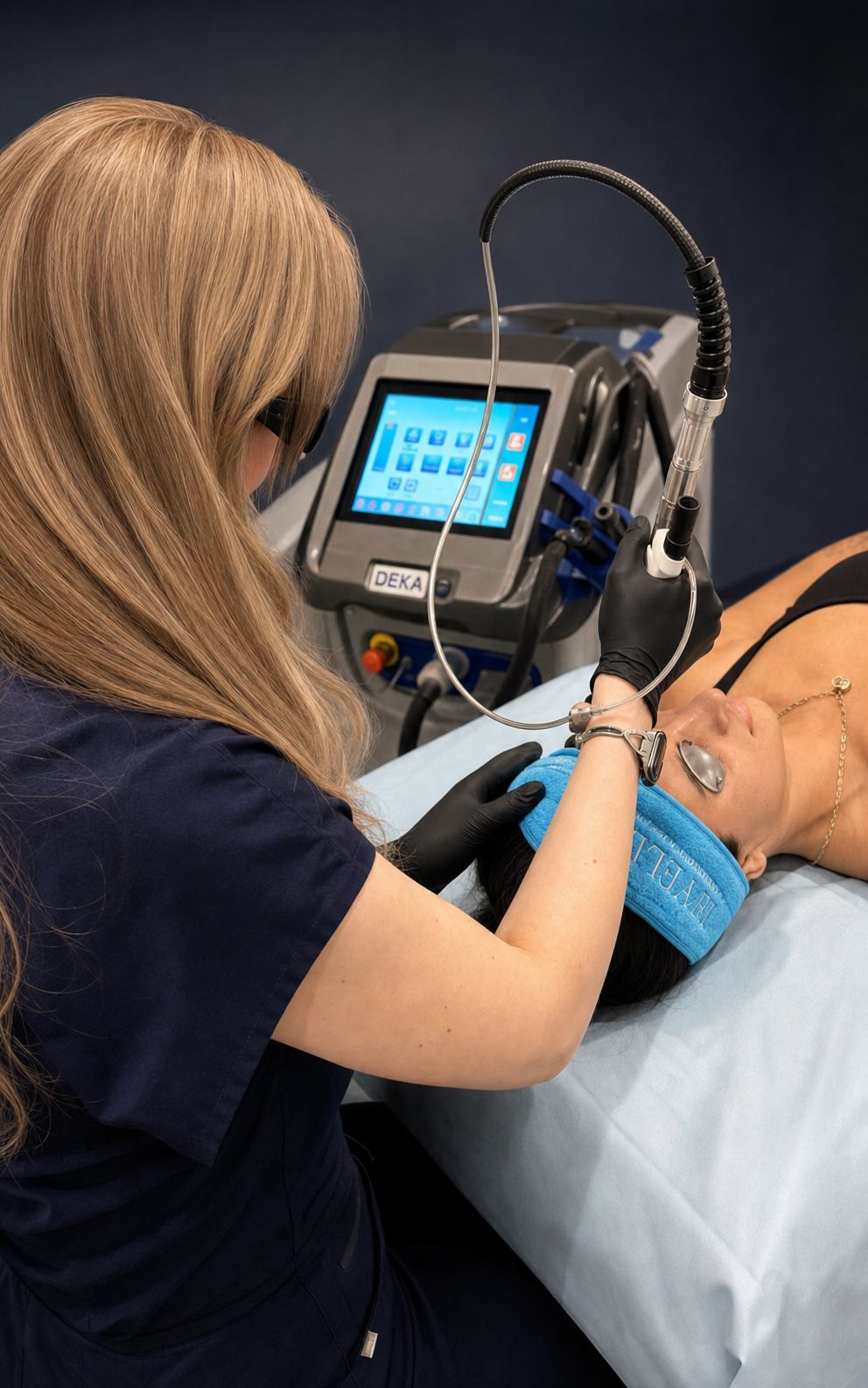 A laser handpiece gliding over the skin