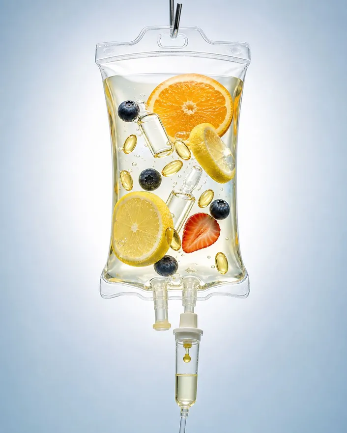 A vitamin-packed IV bag with citrus and berries — recovery IV drips at Rejuvia Wellness and Medical Spa